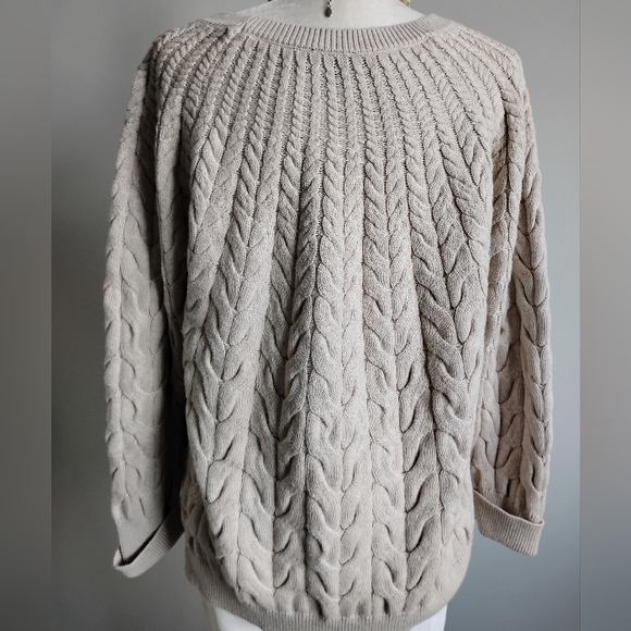 Talbots Cotton Wool Blend Cable Knit Sweater Natural Tan Silver Buttons - Picture 9 of 15
